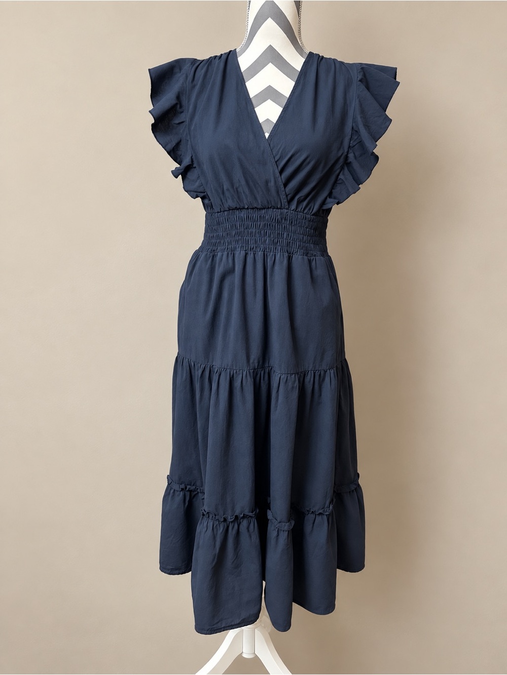 Pinch Small Smocked Dress Navy Blue Ruffle 100% Cotton Tiered Maxi Dress